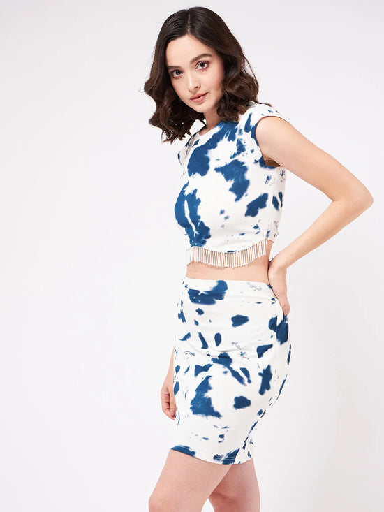 Digital Printed Crop Top With Tassels And Fitted Skirt Set