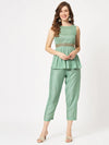 Self-Embellished Pleated Peplum Style Top With Pants Set