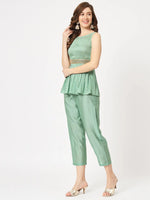 Self-Embellished Pleated Peplum Style Top With Pants Set