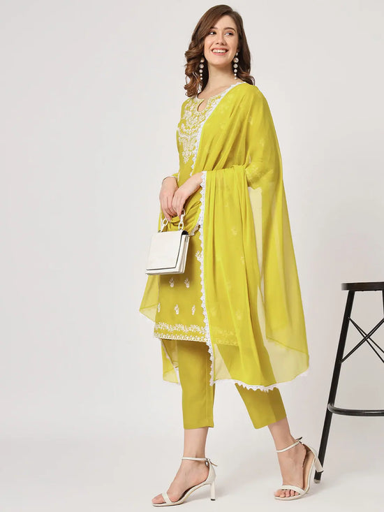 Embroidered Kurta With Matching Pants And Lace Detailed Dupatta Set-PKC10183-S