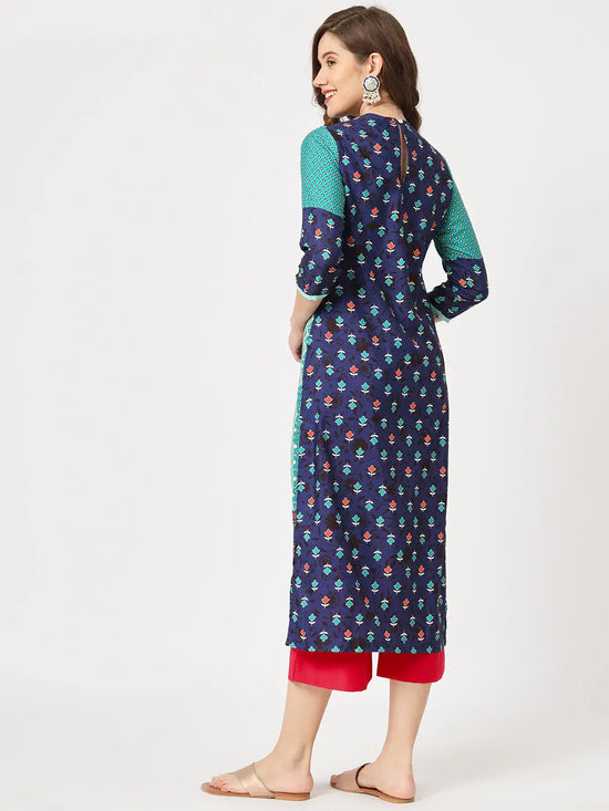 Mughal Straight Kurta With Crew Neck-PK4321NVY-S