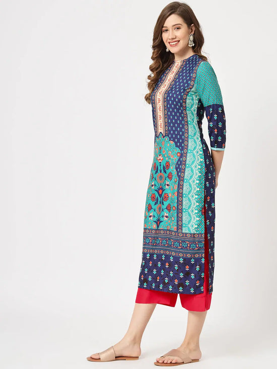 Mughal Straight Kurta With Crew Neck-PK4321NVY-S