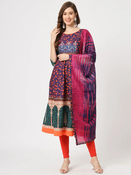 Mughal Flared Kurta With Tie-Dye Dupatta-PK4323NVY-S