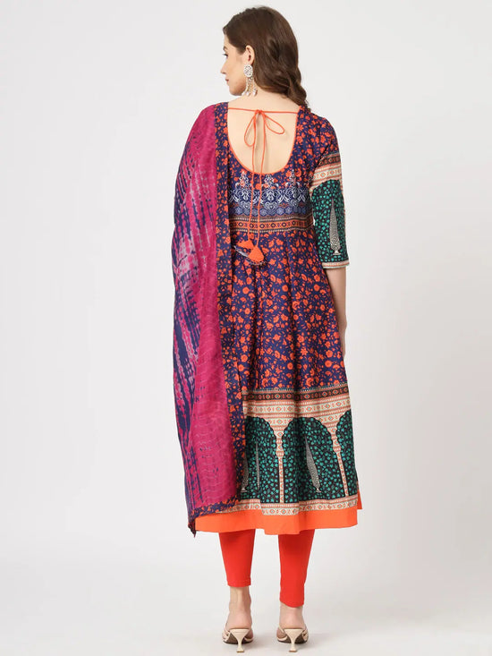 Mughal Flared Kurta With Tie-Dye Dupatta-PK4323NVY-S