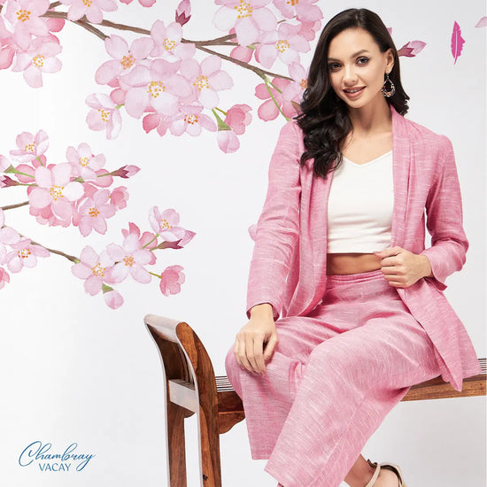 Chambray Long Blazer And Pant Set-ZLCO10035PINK-XS