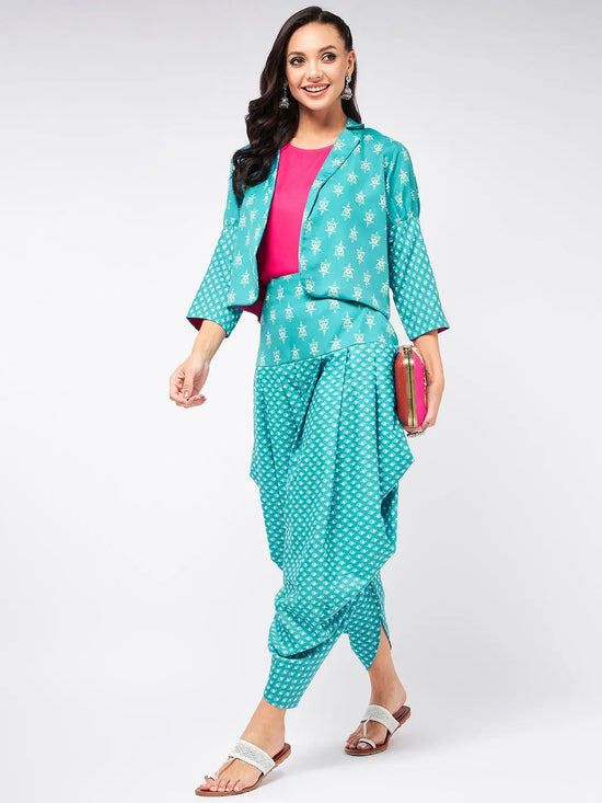 Jaipur Haat Leg 'O' Mutton Sleeves Jacket With Top And Dhoti Pant-PKC10104-S