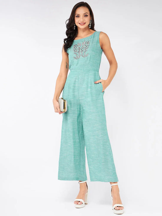 Chambray Front Embroidered Jumpsuit-PKJS640LGREEN-XS