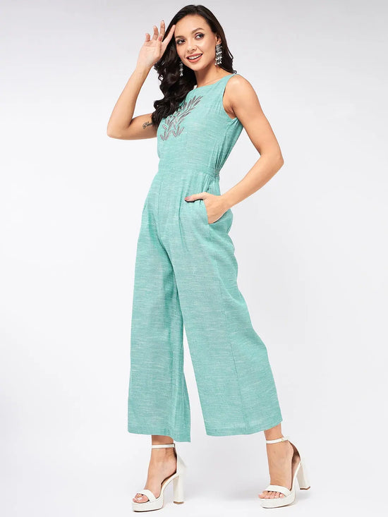 Chambray Front Embroidered Jumpsuit-PKJS640LGREEN-XS