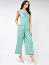 Chambray Front Embroidered Jumpsuit-PKJS640LGREEN-XS