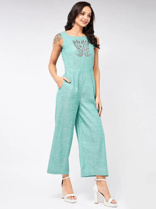 Chambray Front Embroidered Jumpsuit-PKJS640LGREEN-XS