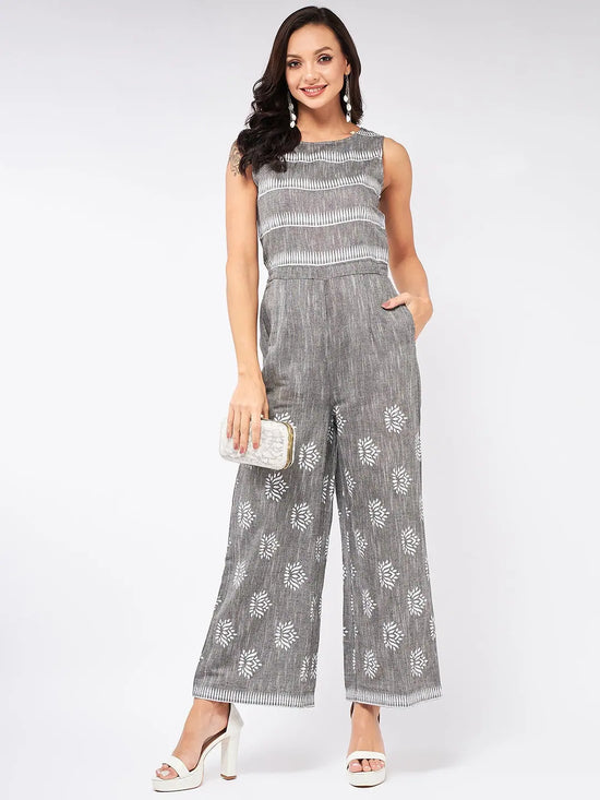 Cotton Printed Sleeveless Jumpsuit-PKJS621GREY-XS