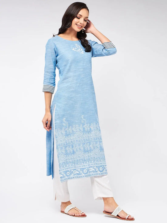 Madhubani Block Printed Chambray Kurta-PK4268BLUE-S