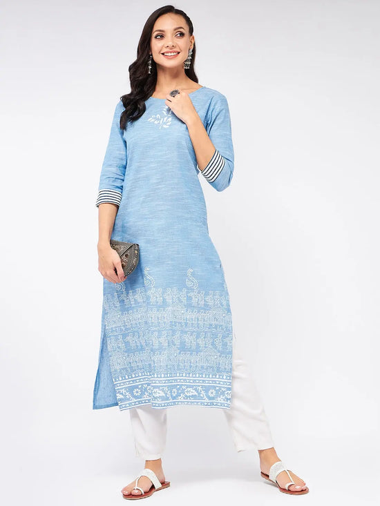 Madhubani Block Printed Chambray Kurta-PK4268BLUE-S