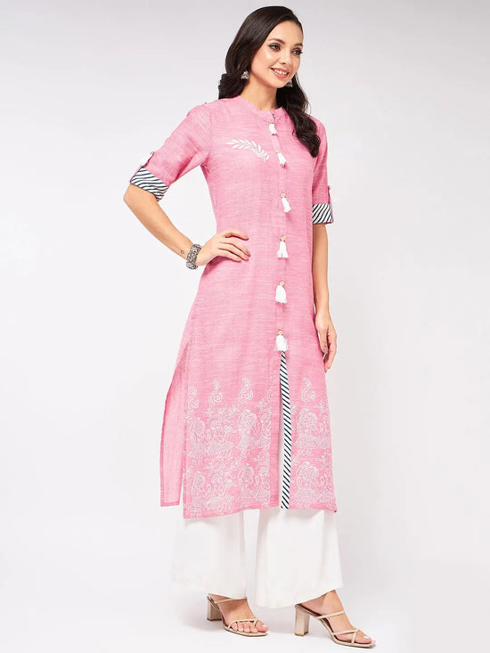 Front Tassel Printed Chambray Kurta-PK4262PINK-S