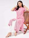 Front Tassel Printed Chambray Kurta-PK4262PINK-S