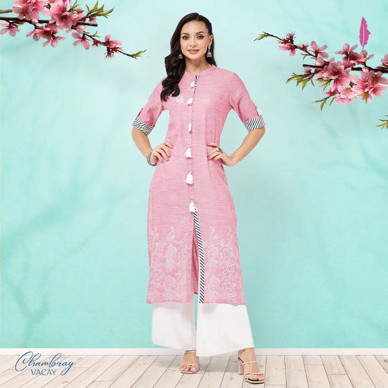 Front Tassel Printed Chambray Kurta-PK4262PINK-S