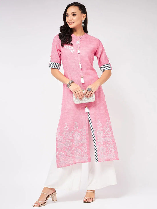 Front Tassel Printed Chambray Kurta-PK4262PINK-S