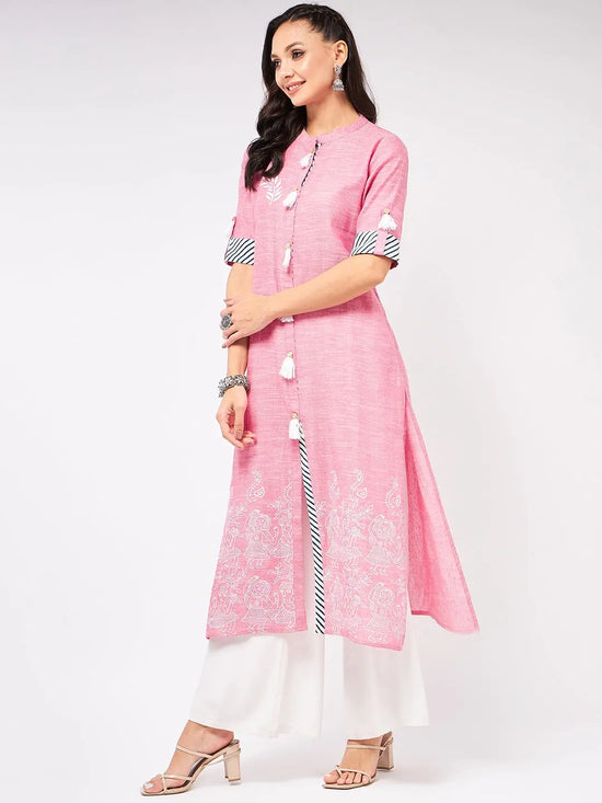 Front Tassel Printed Chambray Kurta-PK4262PINK-S