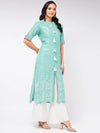 Front Tassel Printed Chambray Kurta-PK4262LGREEN-S