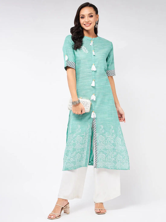 Front Tassel Printed Chambray Kurta-PK4262LGREEN-S