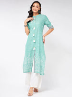 Front Tassel Printed Chambray Kurta-PK4262LGREEN-S