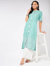 Front Tassel Printed Chambray Kurta-PK4262LGREEN-S