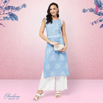 Sleeveless Printed Chambray Kurta-PK4263BLUE-S