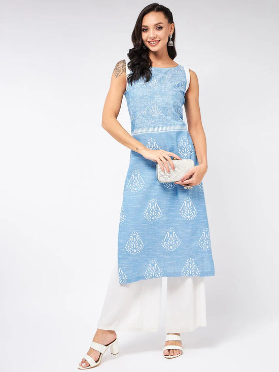 Sleeveless Printed Chambray Kurta-PK4263BLUE-S