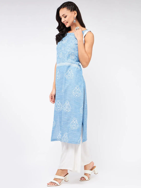 Sleeveless Printed Chambray Kurta-PK4263BLUE-S