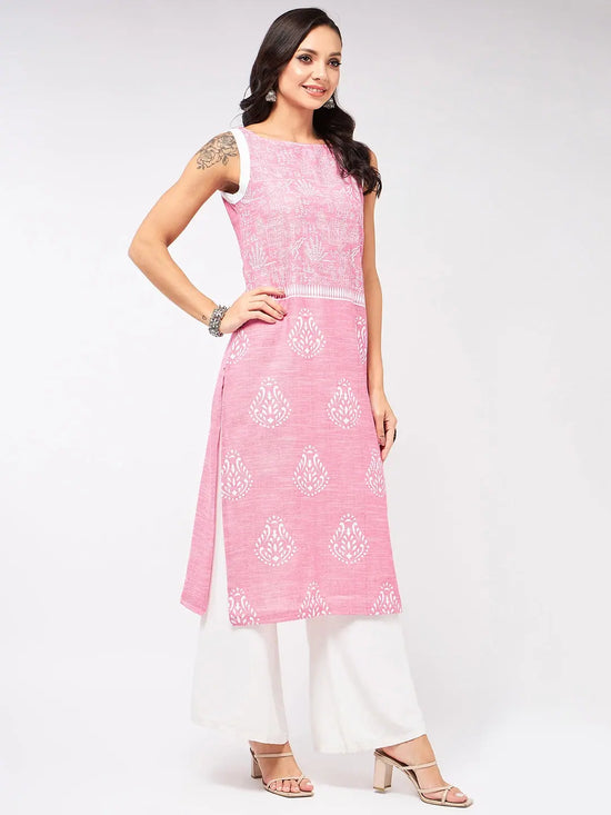 Sleeveless Printed Chambray Kurta-PK4263PINK-S