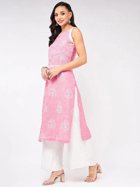 Sleeveless Printed Chambray Kurta-PK4263PINK-S