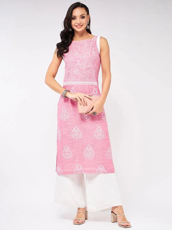 Sleeveless Printed Chambray Kurta-PK4263PINK-S