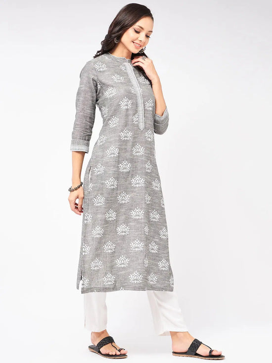 Lotus Printed Chambray Kurta-PK4266GREY-S