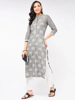 Lotus Printed Chambray Kurta-PK4266GREY-S