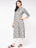 Lotus Printed Chambray Kurta-PK4266GREY-S