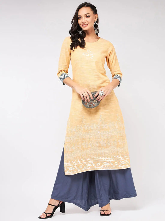 Madhubani Block Printed Chambray Kurta-PK4268YELLOW-S