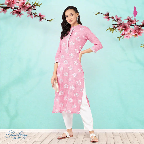 Lotus Printed Chambray Kurta-PK4266PINK-S