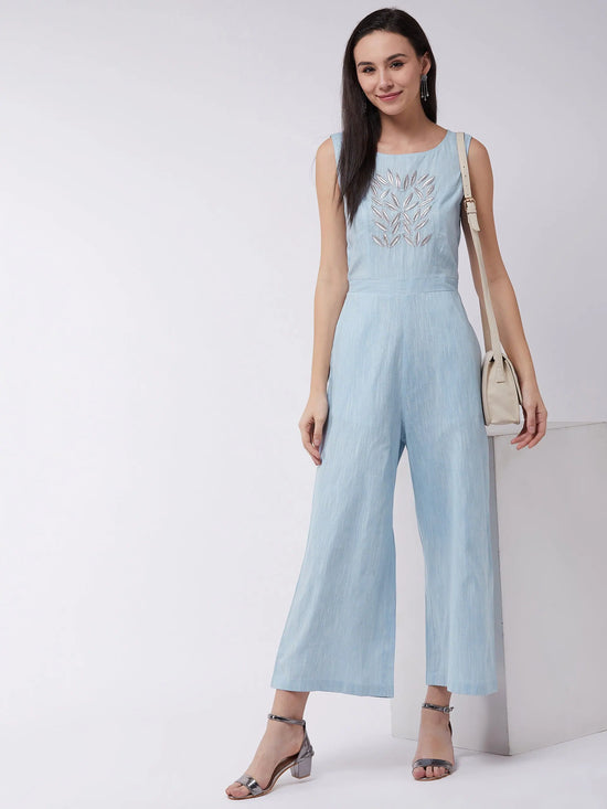 Chambray Front Embroidered Jumpsuit-PKJS640-XS