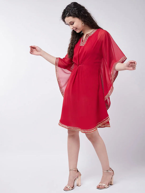 Red Kaftan Dress With Lace Details