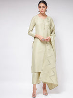 Pista Festive Straight Kurta With Matching Pants And Foil Printed Dupatta Set