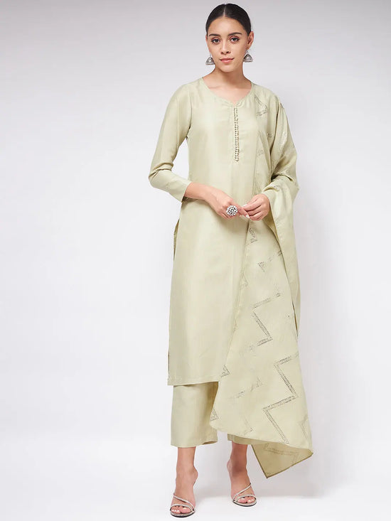 Pista Festive Straight Kurta With Matching Pants And Foil Printed Dupatta Set