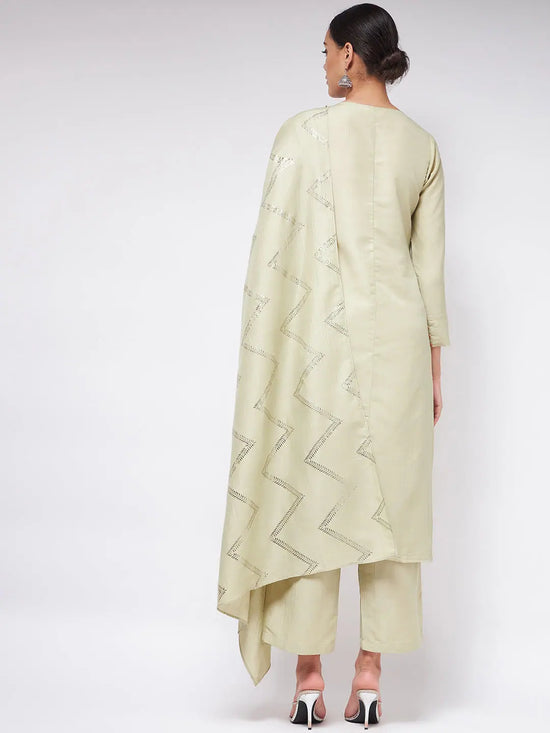 Pista Festive Straight Kurta With Matching Pants And Foil Printed Dupatta Set