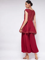 Shringaar Maroon Block Printed Festive Peplum Top With Flared Palazzo