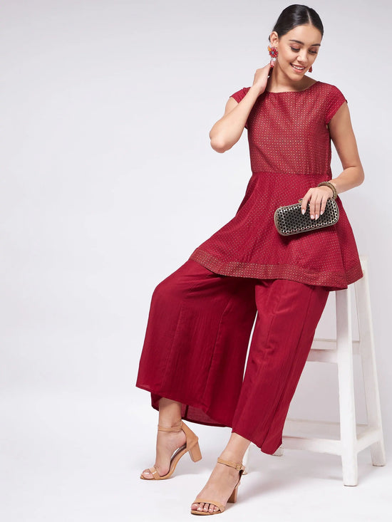 Shringaar Maroon Block Printed Festive Peplum Top With Flared Palazzo