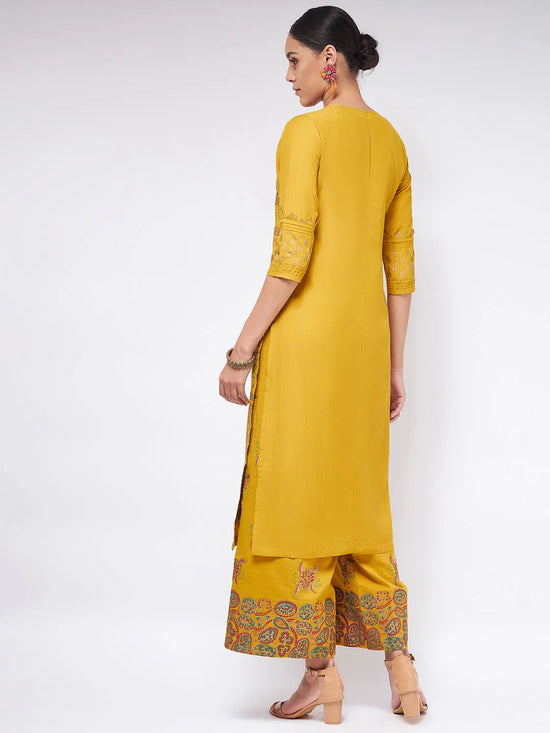 Shringaar Mustard V-Neck Block Printed Festive Kurta With Palazzo