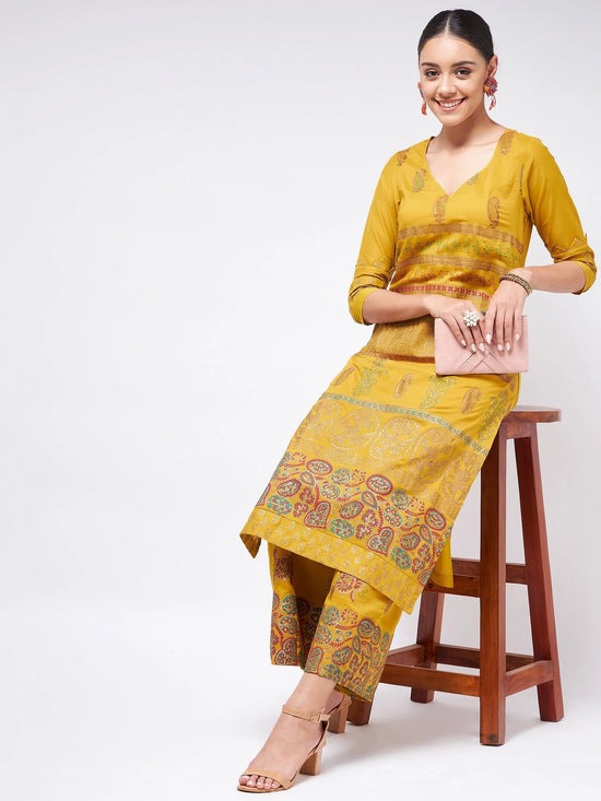 Shringaar Mustard V-Neck Block Printed Festive Kurta With Palazzo