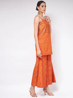 Shringaar Orange Festive Block Printed Strapy Kurta With Sharara