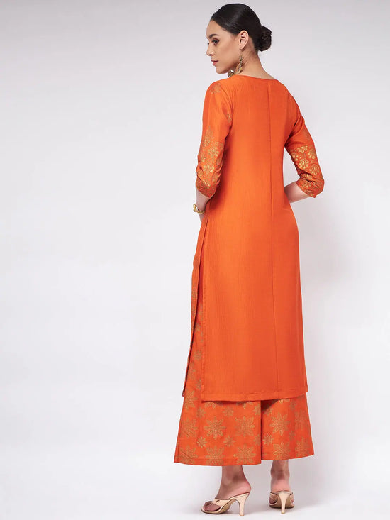 Shringaar Orange Block Printed Round Neck With Yoke Kurta