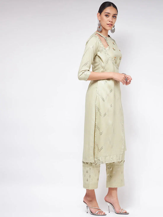 Pista Festive Foil Printed Angarkha Style Kurta