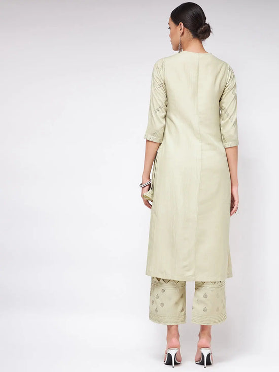 Pista Festive Foil Printed Angarkha Style Kurta